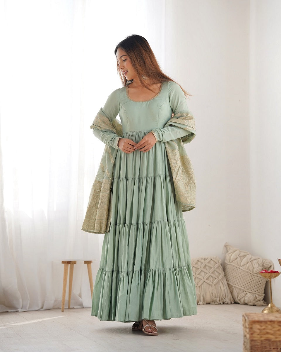 Evanik Seagreen Pure Roman Silk Chanderi With Fully Flair Anarkali Pant With Dupatta