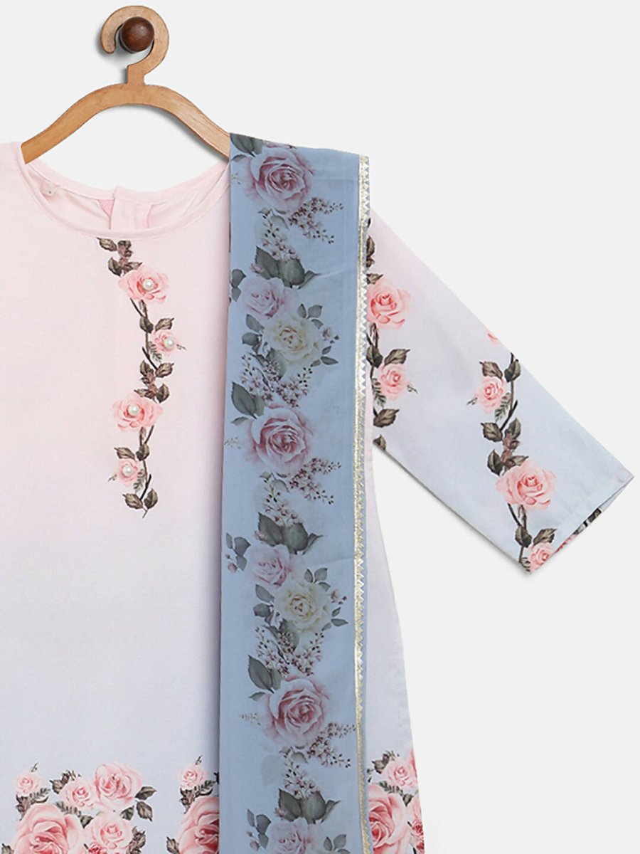 Ahalyaa Pink Crepe Floral Print Kids Kurta Sharara Set With Dupatta For Girls