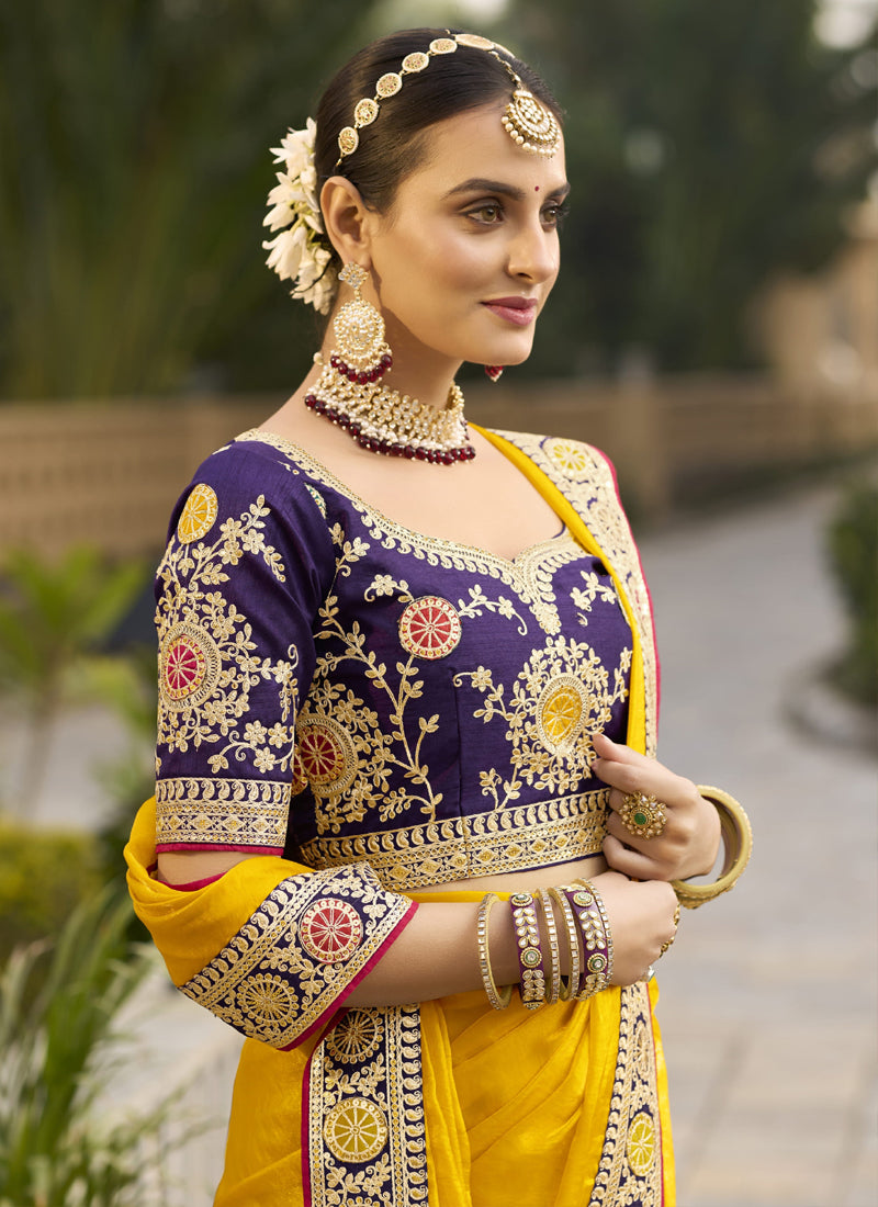 Vegaa Fashion Yellow Georgette Embroidered Wedding Wear Saree - Distacart