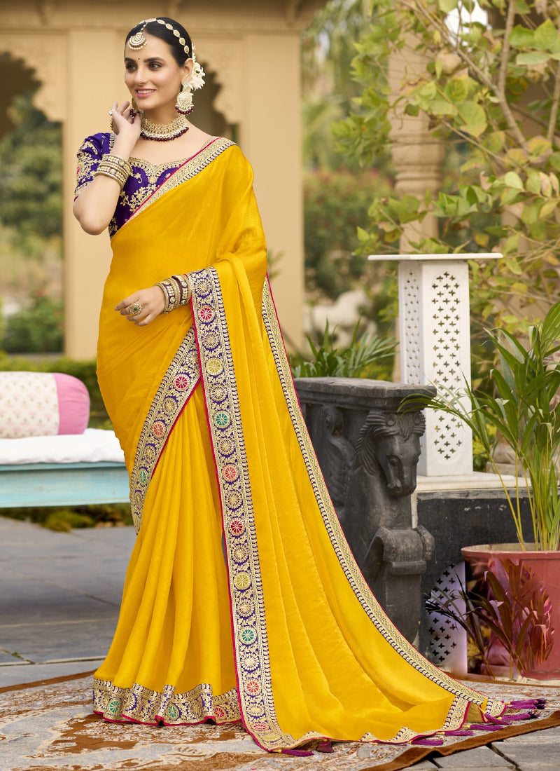 Vegaa Fashion Yellow Georgette Embroidered Wedding Wear Saree - Distacart