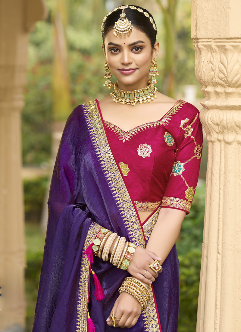 Vegaa Fashion Violet Georgette Embroidered Wedding Wear Saree - Distacart