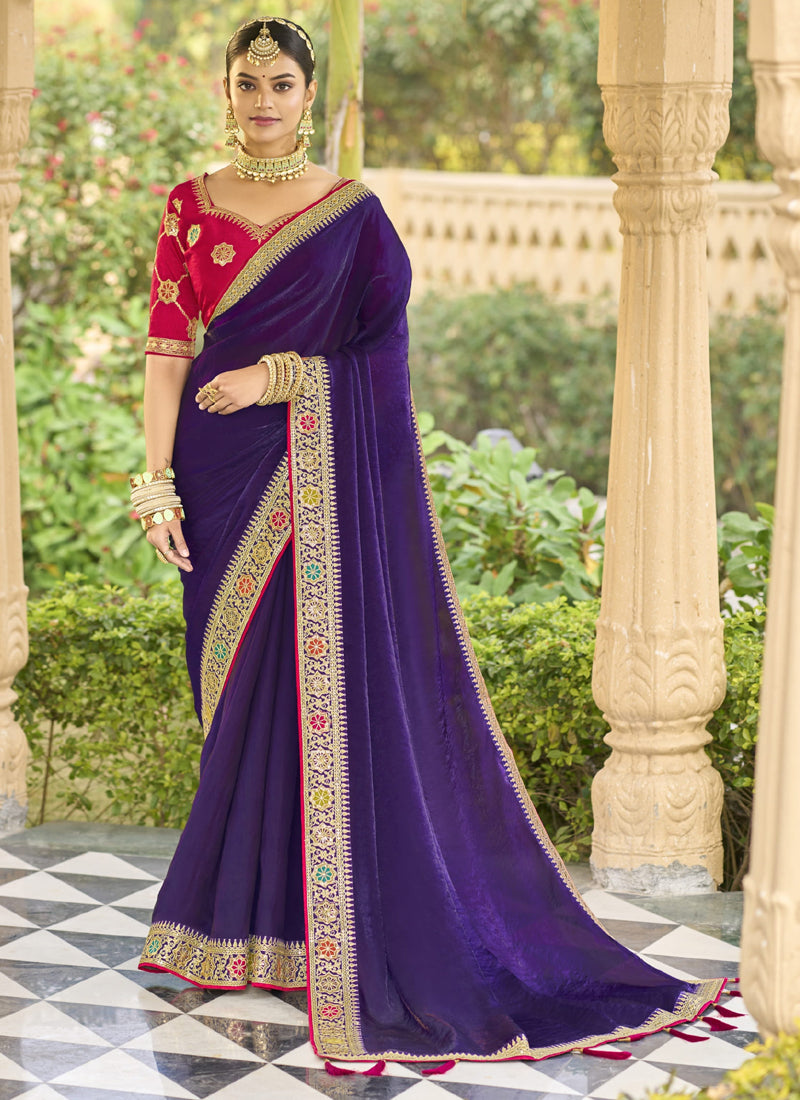 Vegaa Fashion Violet Georgette Embroidered Wedding Wear Saree - Distacart