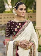 Vegaa Fashion Off White Georgette Embroidered Wedding Wear Saree - Distacart