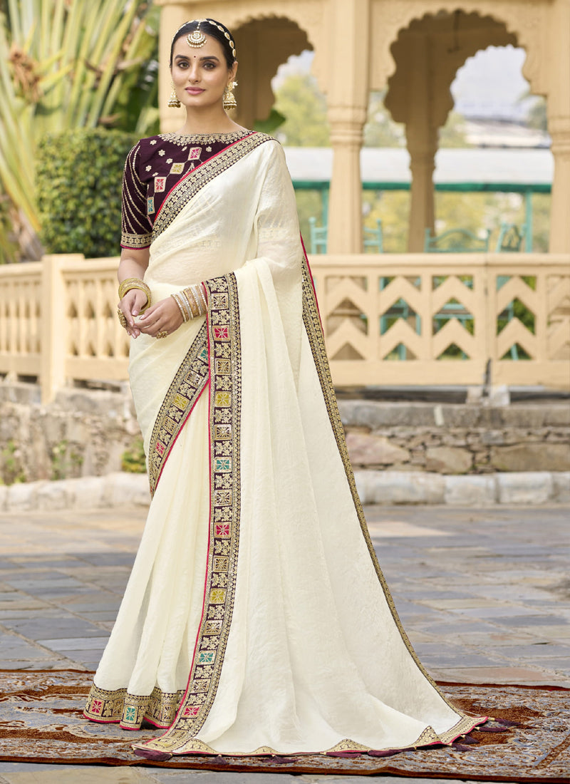 Vegaa Fashion Off White Georgette Embroidered Wedding Wear Saree - Distacart