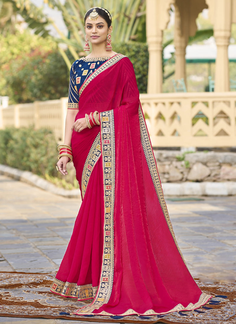 Vegaa Fashion Red Georgette Embroidered Wedding Wear Saree - Distacart