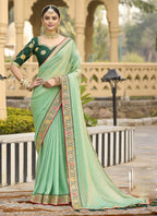 Vegaa Fashion Light Green Georgette Embroidered Wedding Wear Saree - Distacart