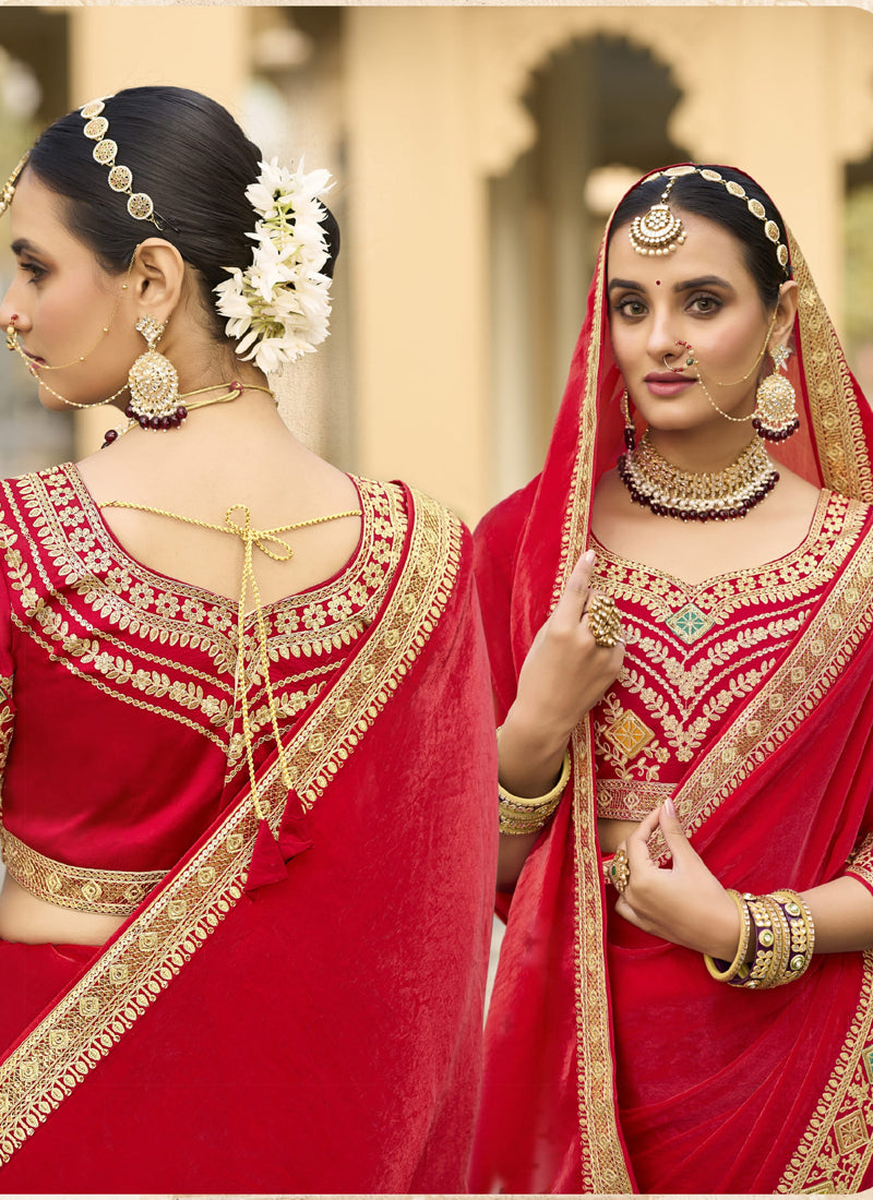 Vegaa Fashion Red Georgette Embroidered Wedding Wear Saree - Distacart