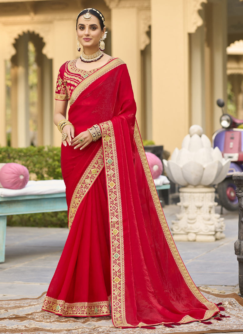 Vegaa Fashion Red Georgette Embroidered Wedding Wear Saree - Distacart