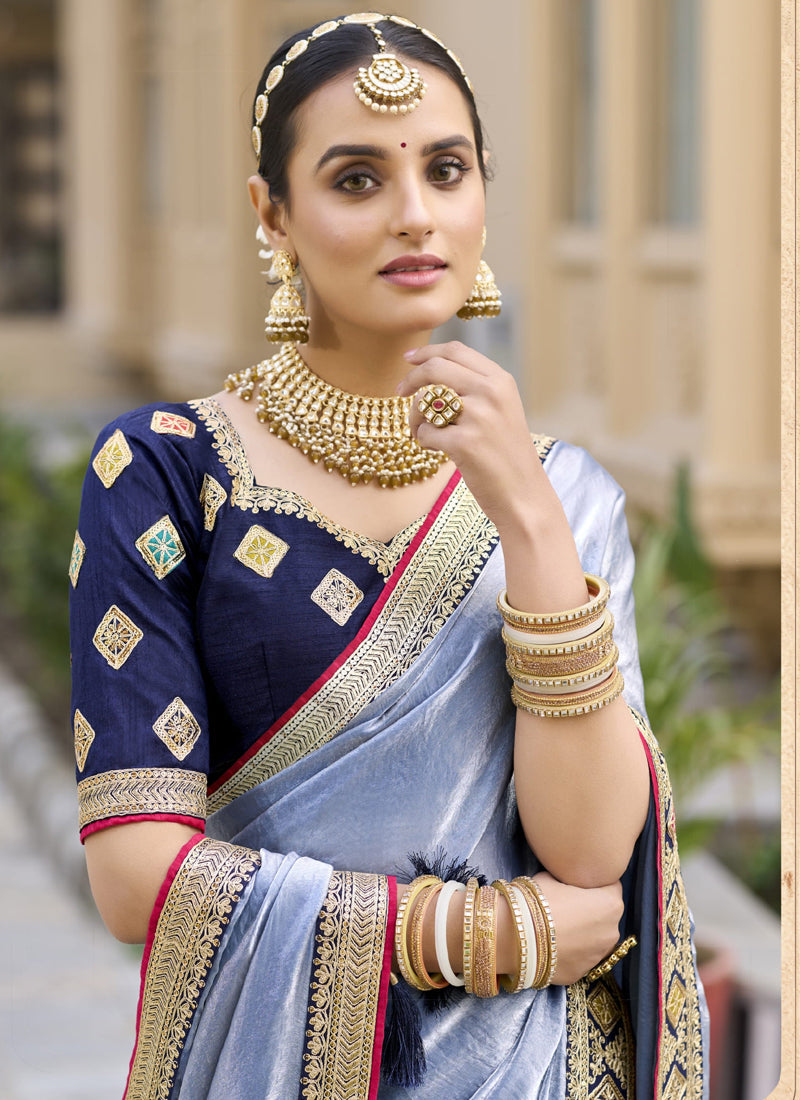 Vegaa Fashion Lavender Georgette Embroidered Wedding Wear Saree - Distacart