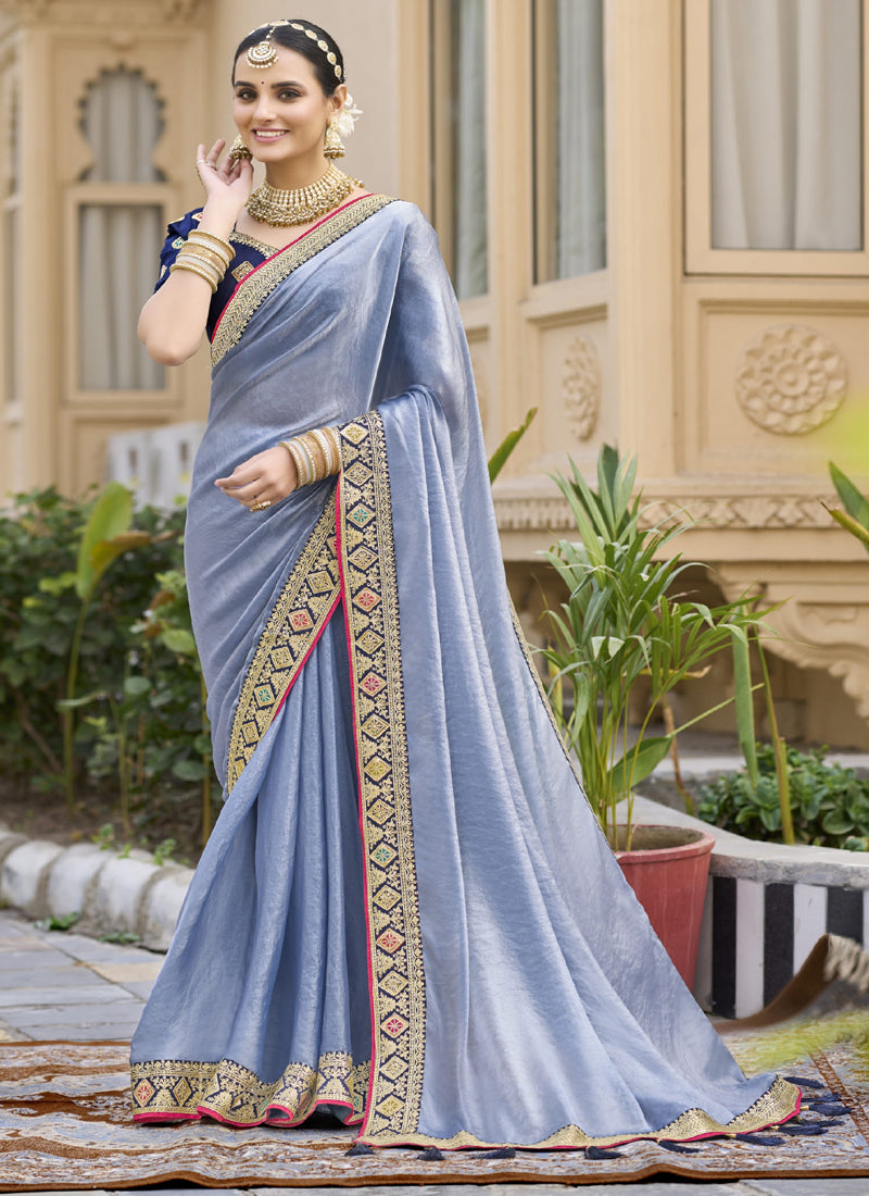 Vegaa Fashion Lavender Georgette Embroidered Wedding Wear Saree - Distacart