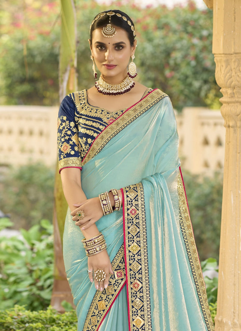 Vegaa Fashion Sky Blue Georgette Embroidered Wedding Wear Saree - Distacart