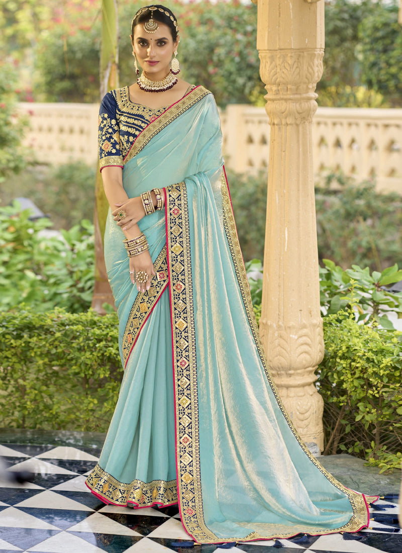 Vegaa Fashion Sky Blue Georgette Embroidered Wedding Wear Saree - Distacart
