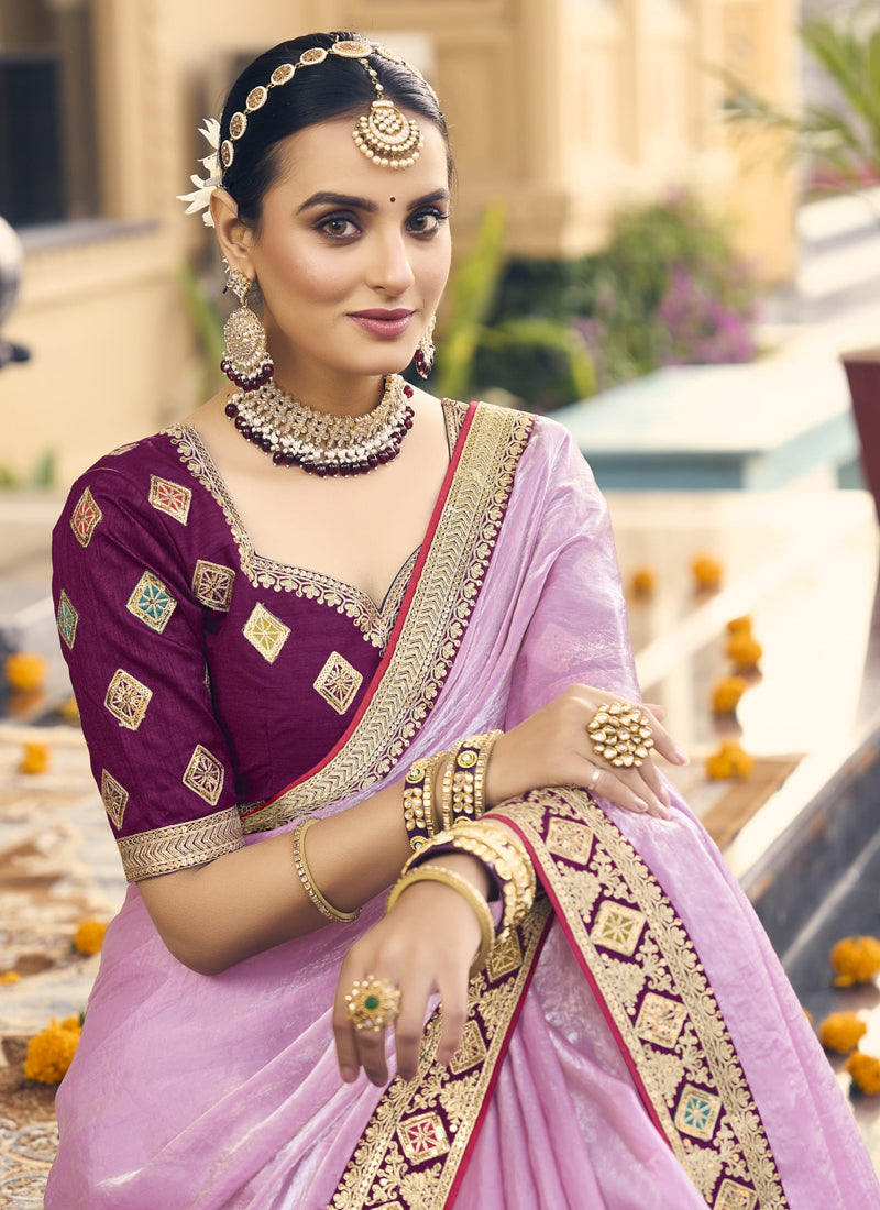 Vegaa Fashion Light Pink Georgette Embroidered Wedding Wear Saree - Distacart