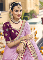 Vegaa Fashion Light Pink Georgette Embroidered Wedding Wear Saree - Distacart