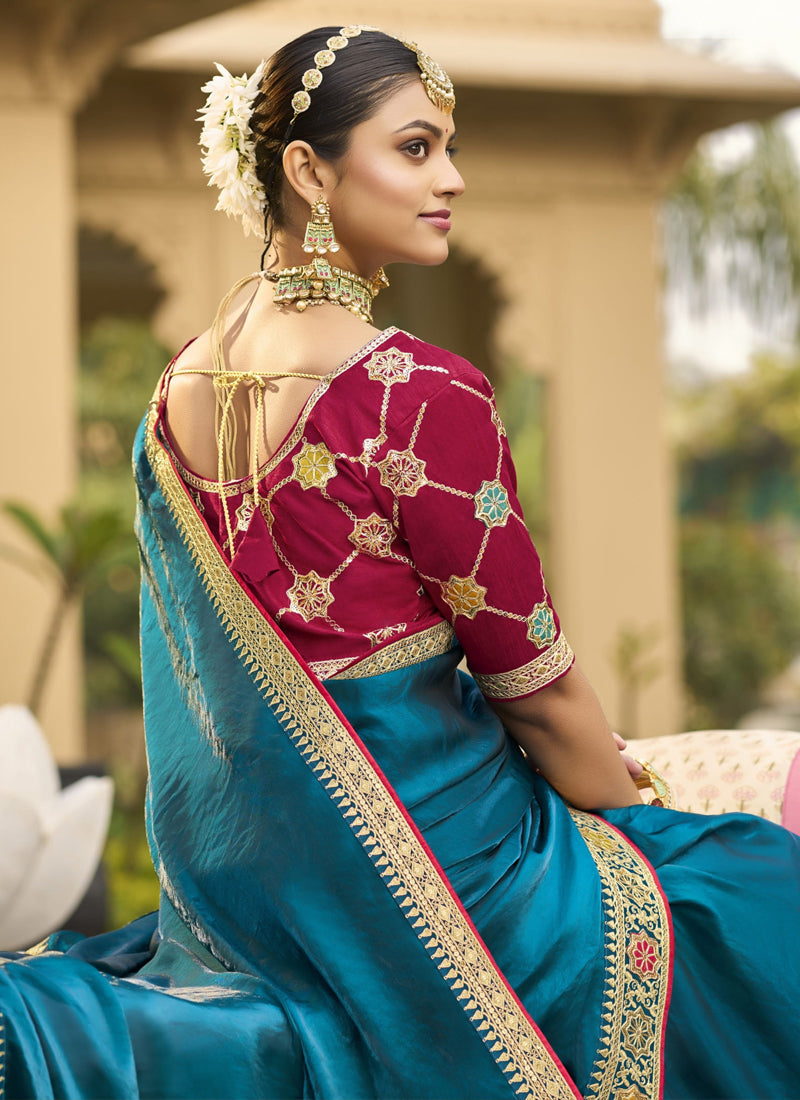Vegaa Fashion Aqua Blue Georgette Embroidered Wedding Wear Saree - Distacart