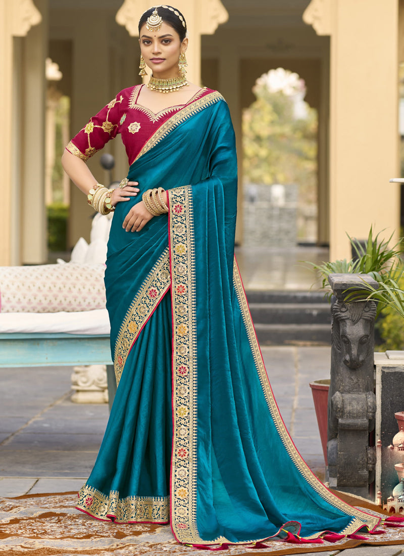 Vegaa Fashion Aqua Blue Georgette Embroidered Wedding Wear Saree - Distacart