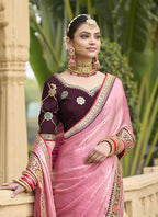 Vegaa Fashion Peach Georgette Embroidered Wedding Wear Saree - Distacart