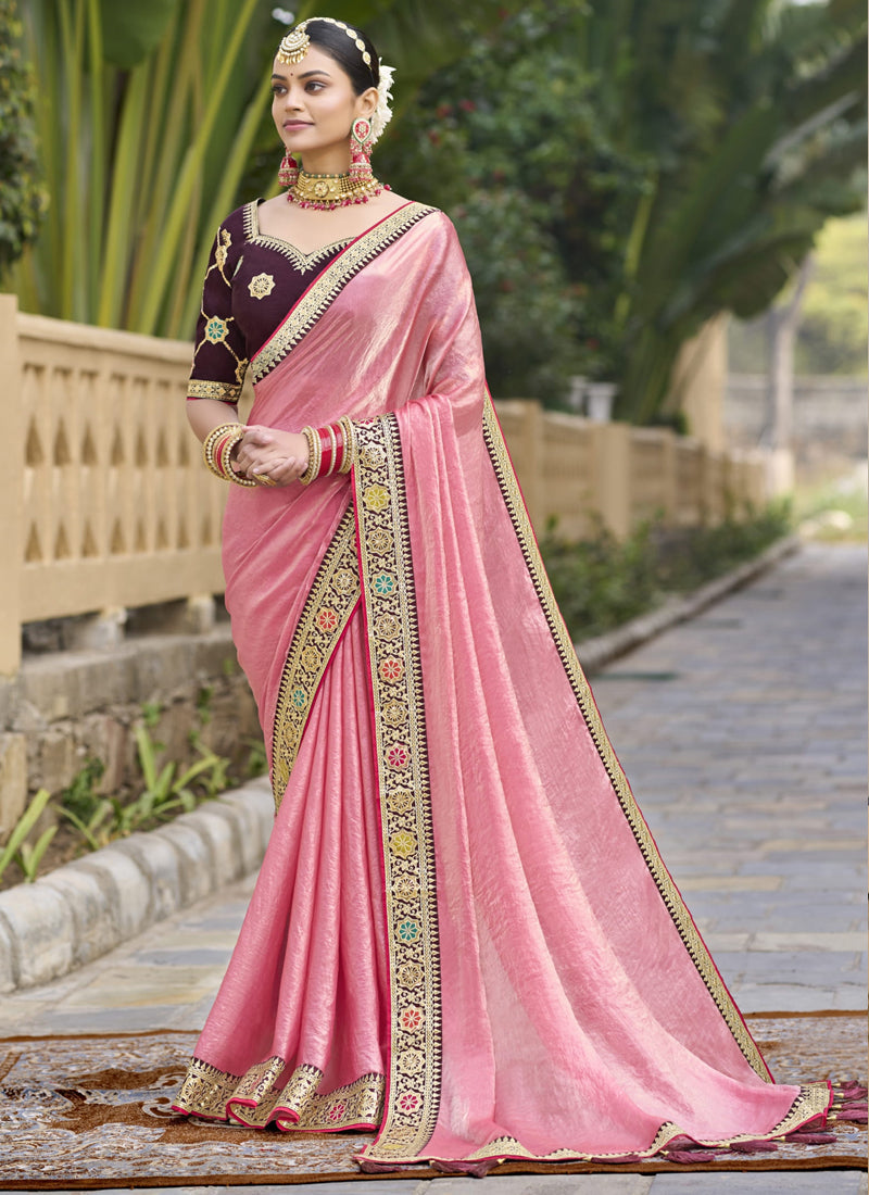 Vegaa Fashion Peach Georgette Embroidered Wedding Wear Saree - Distacart