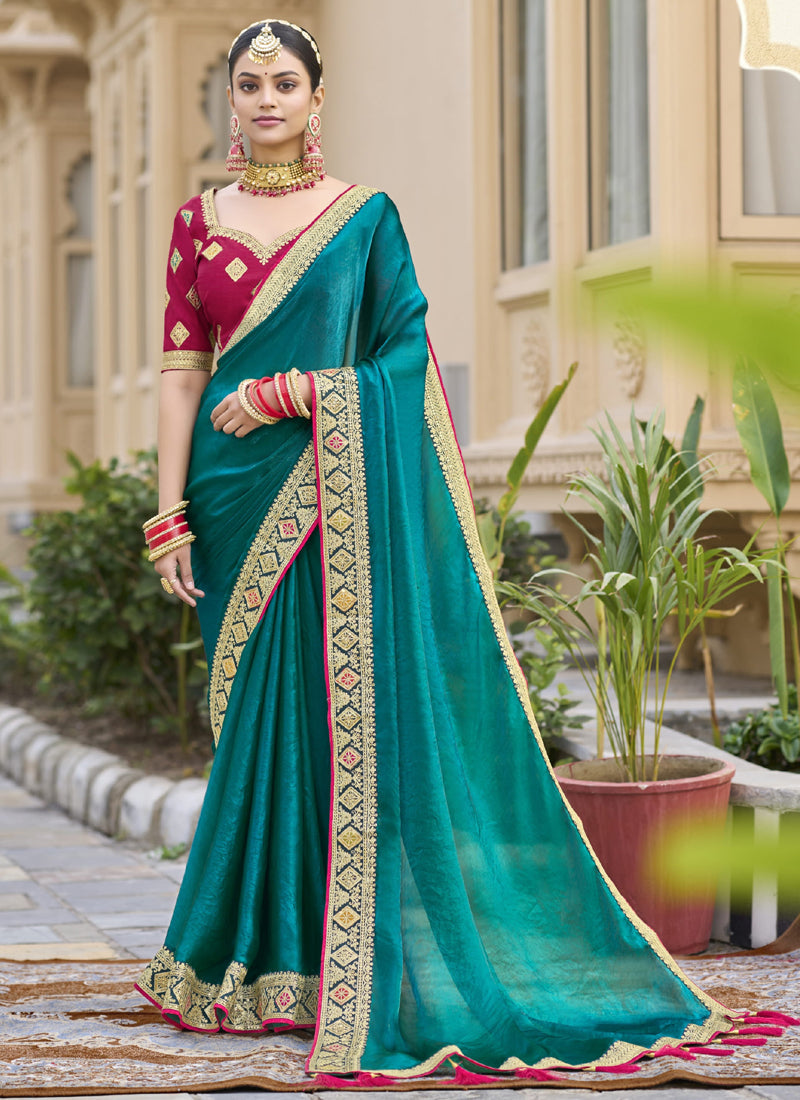 Vegaa Fashion Aqua Green Georgette Embroidered Wedding Wear Saree - Distacart