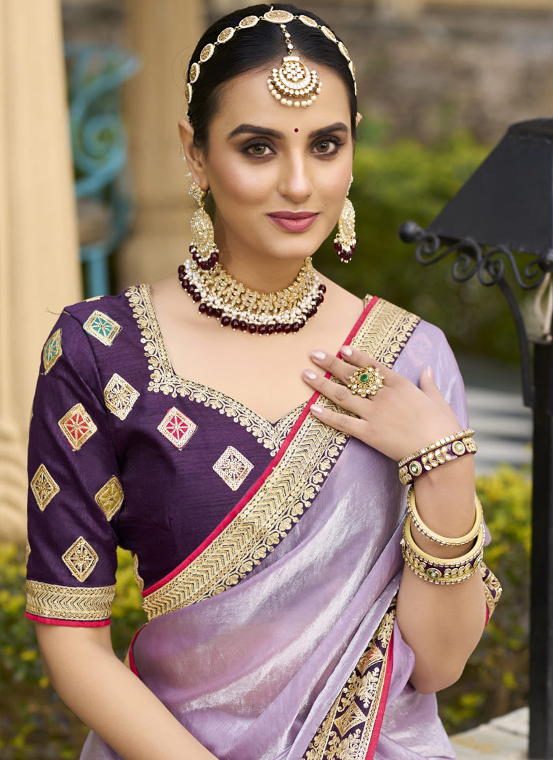 Vegaa Fashion Lavender Georgette Embroidered Wedding Wear Saree - Distacart