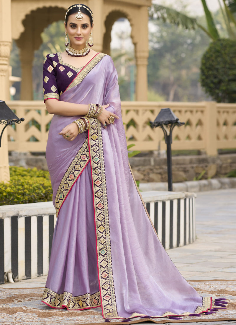Vegaa Fashion Lavender Georgette Embroidered Wedding Wear Saree - Distacart