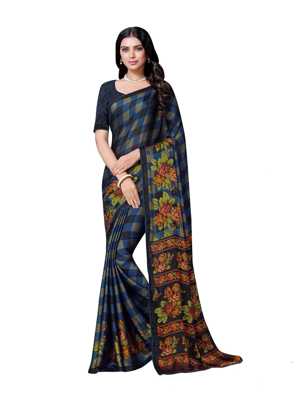 Vamika Black & Blue Desinger China Chifon With Piping And Lace Saree