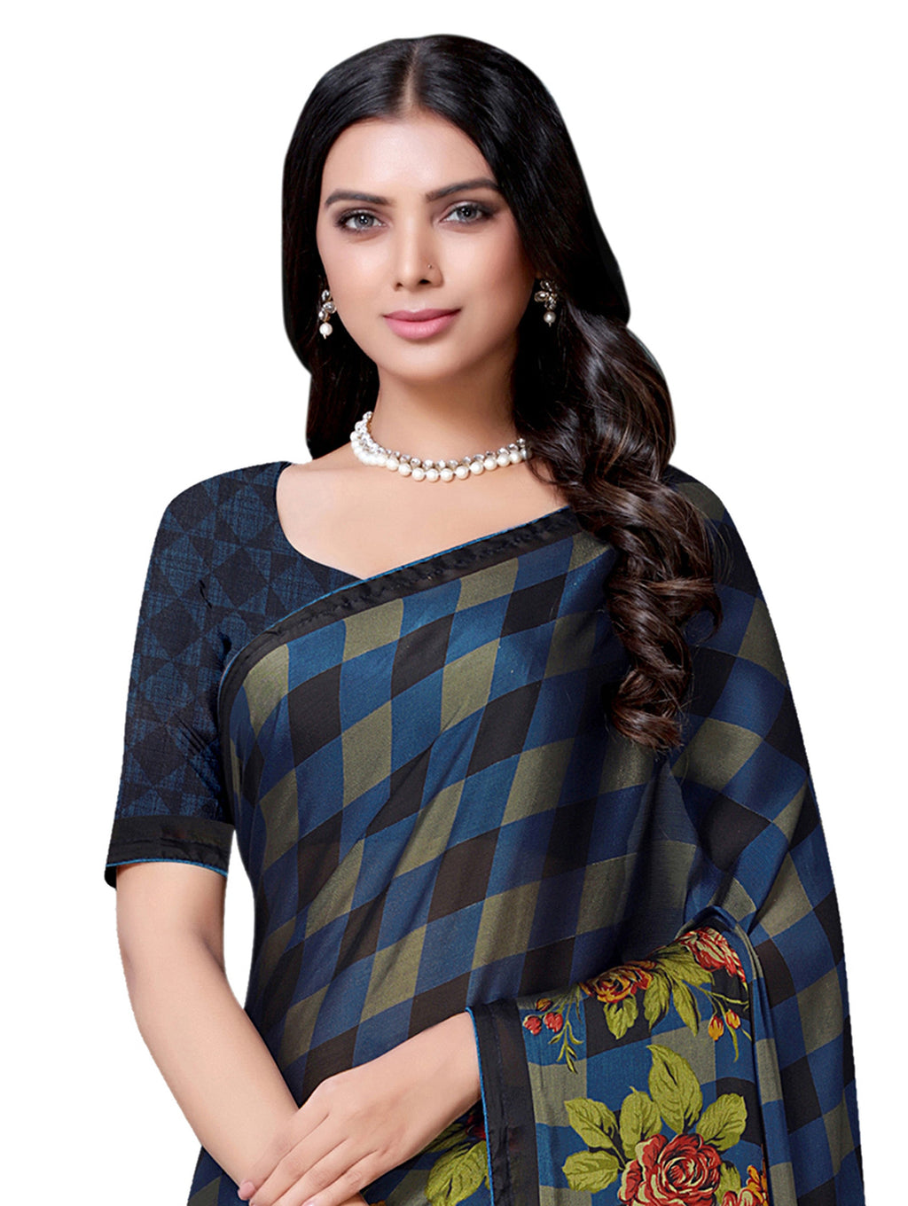 Vamika Black & Blue Desinger China Chifon With Piping And Lace Saree