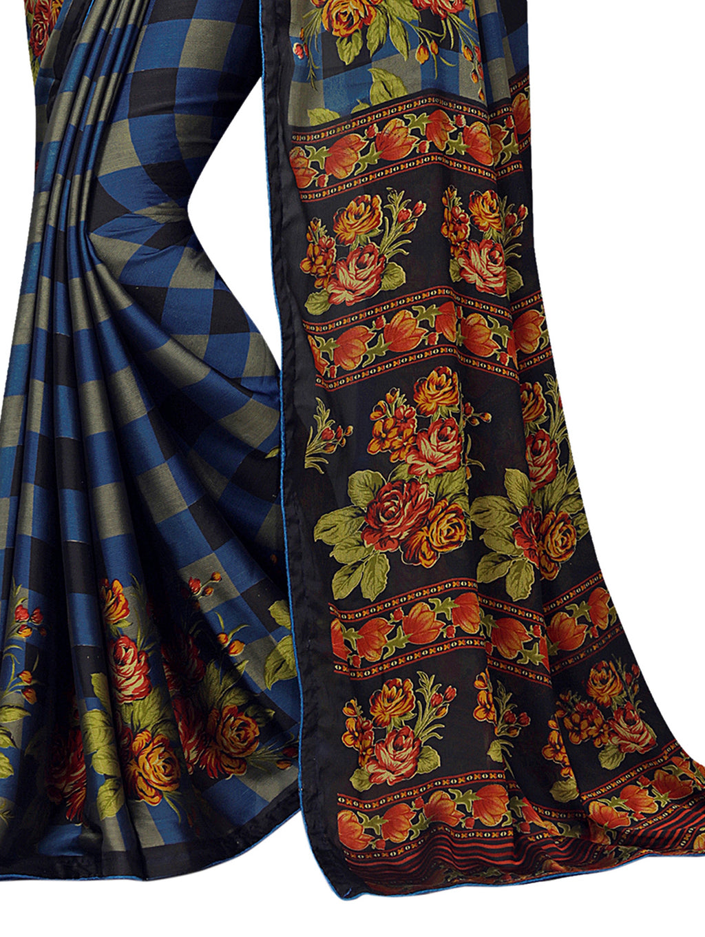 Vamika Black & Blue Desinger China Chifon With Piping And Lace Saree