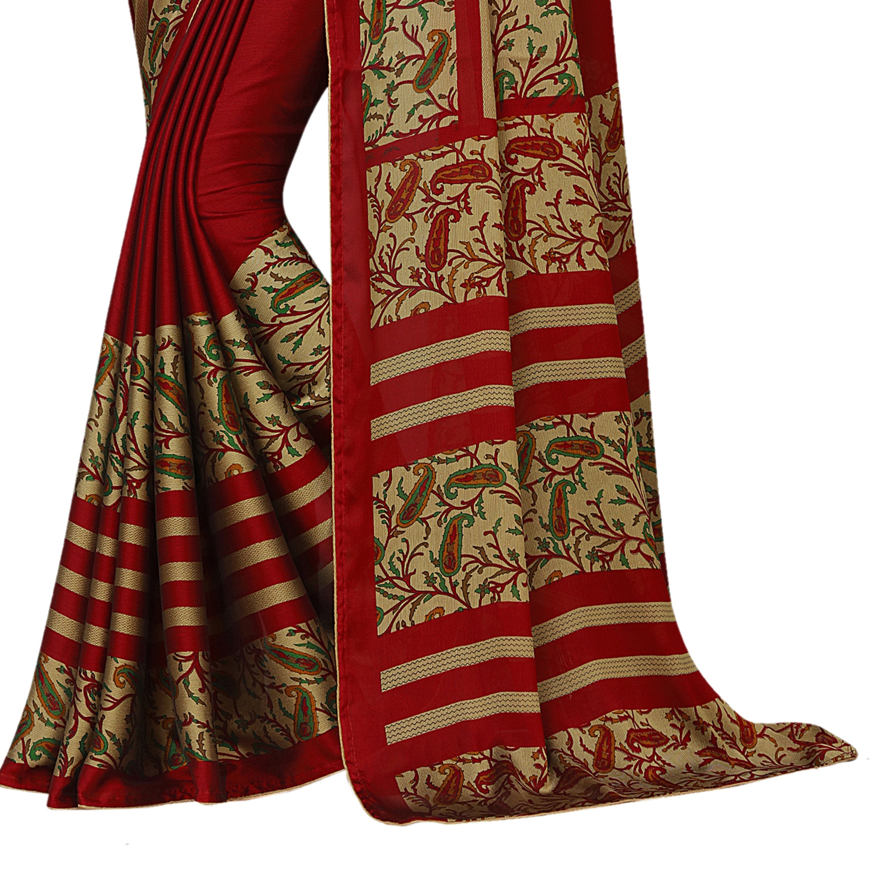 Vamika Maroon Desinger China Chifon With Piping And Lace Saree