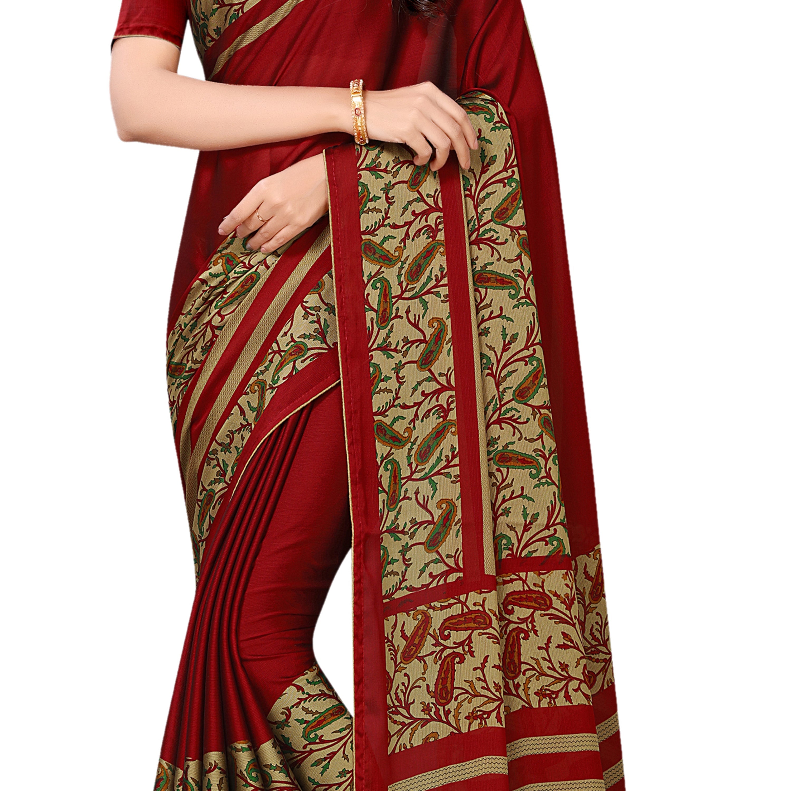 Vamika Maroon Desinger China Chifon With Piping And Lace Saree
