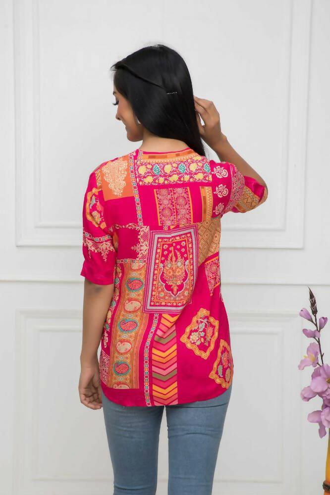 Myshka Women Red Floral Mandarin Collar Regular Sleeves Viscose Rayon Top - Distacart