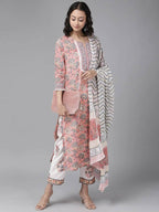 Yufta Peach Hand Block Printed Kurta with Trouser and Dupatta