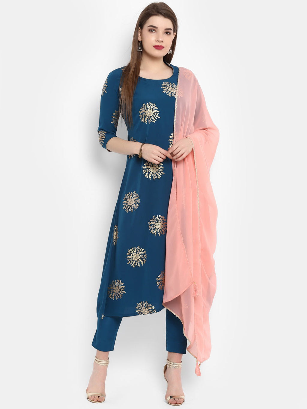 Janasya Teal Poly Crepe Gold Print Set