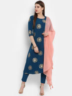 Janasya Teal Poly Crepe Gold Print Set