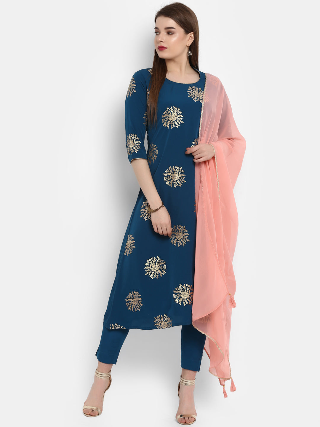 Janasya Teal Poly Crepe Gold Print Set