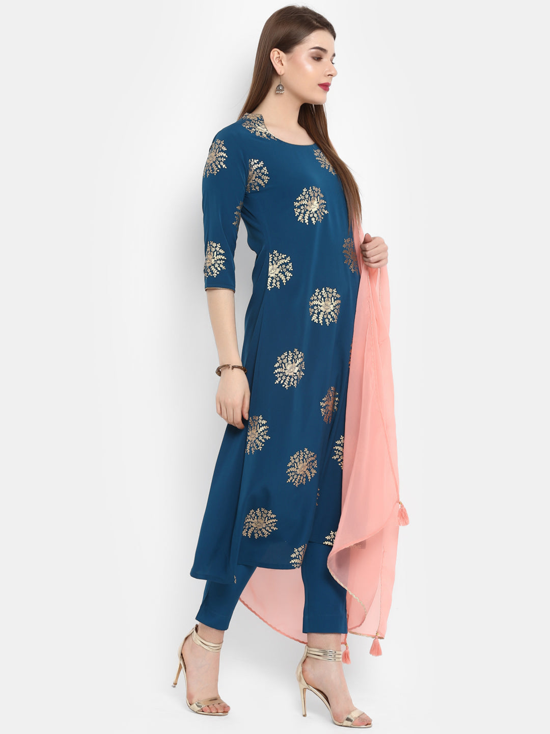 Janasya Teal Poly Crepe Gold Print Set