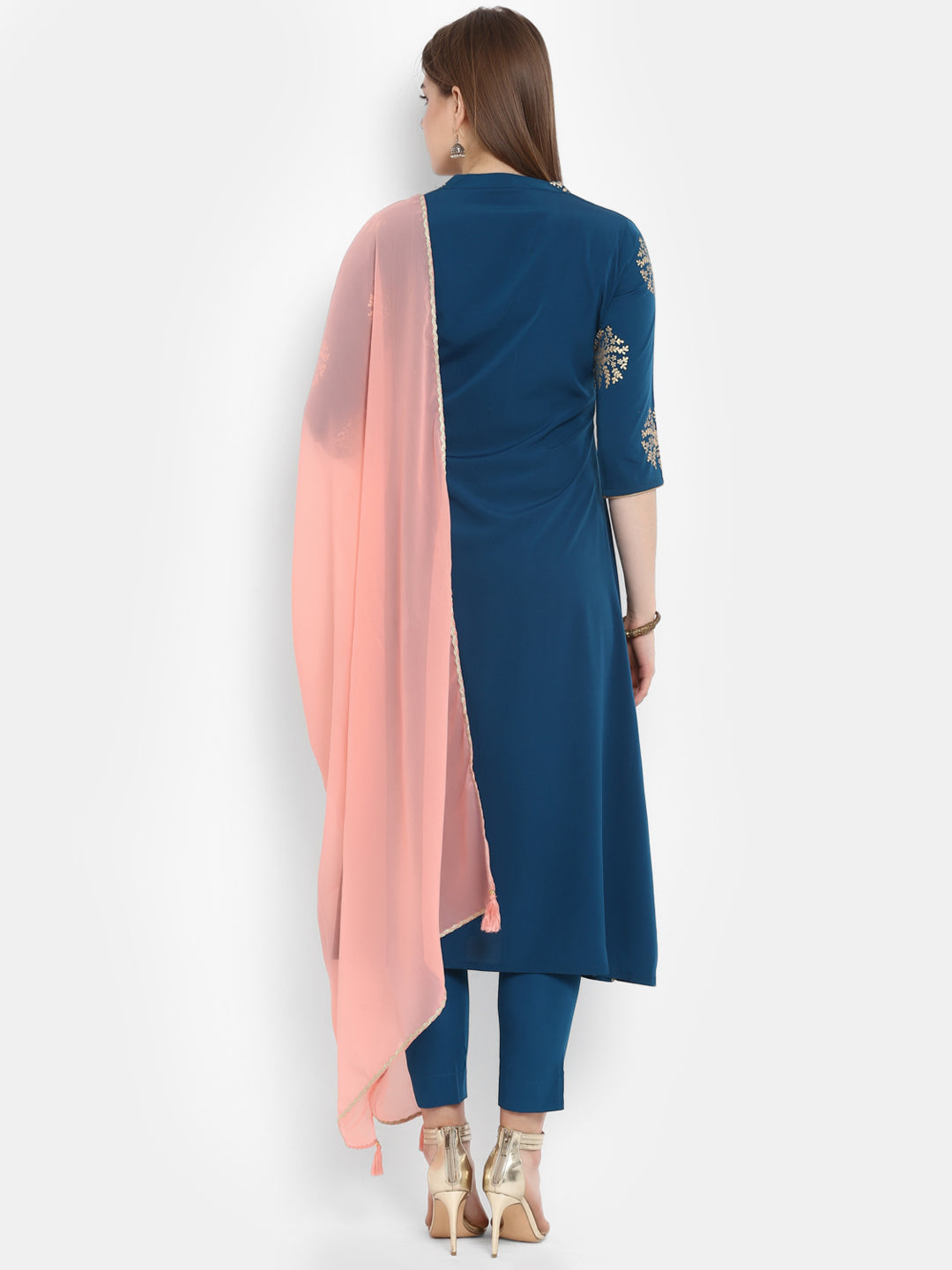 Janasya Teal Poly Crepe Gold Print Set