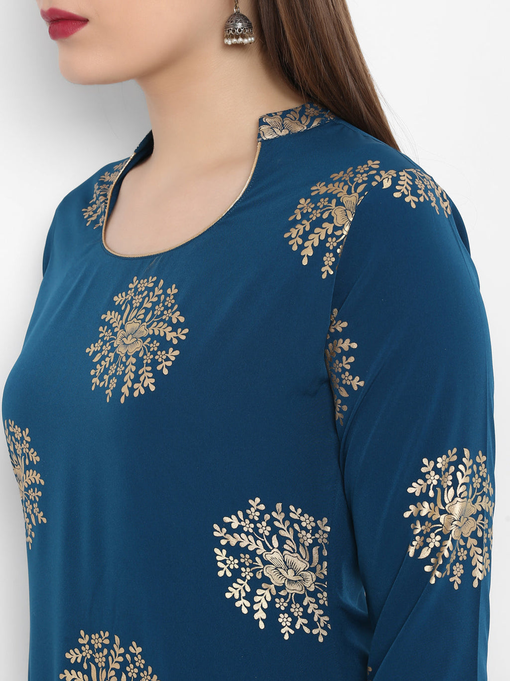 Janasya Teal Poly Crepe Gold Print Set
