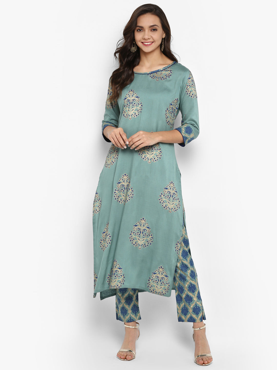 Janasya Turquoise Green Rayon Foil Print Set