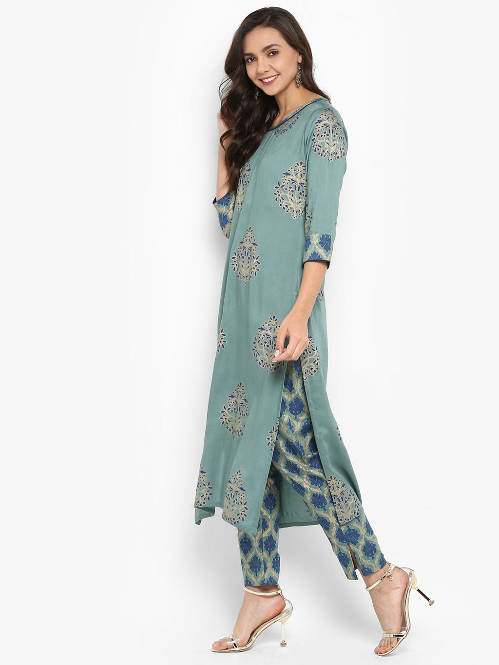 Janasya Turquoise Green Rayon Foil Print Set