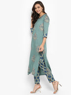 Janasya Turquoise Green Rayon Foil Print Set