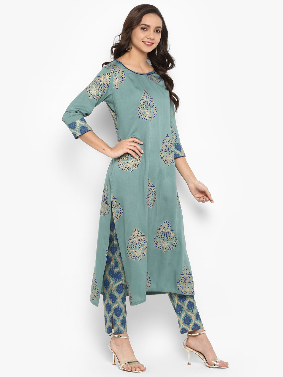 Janasya Turquoise Green Rayon Foil Print Set