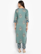 Janasya Turquoise Green Rayon Foil Print Set