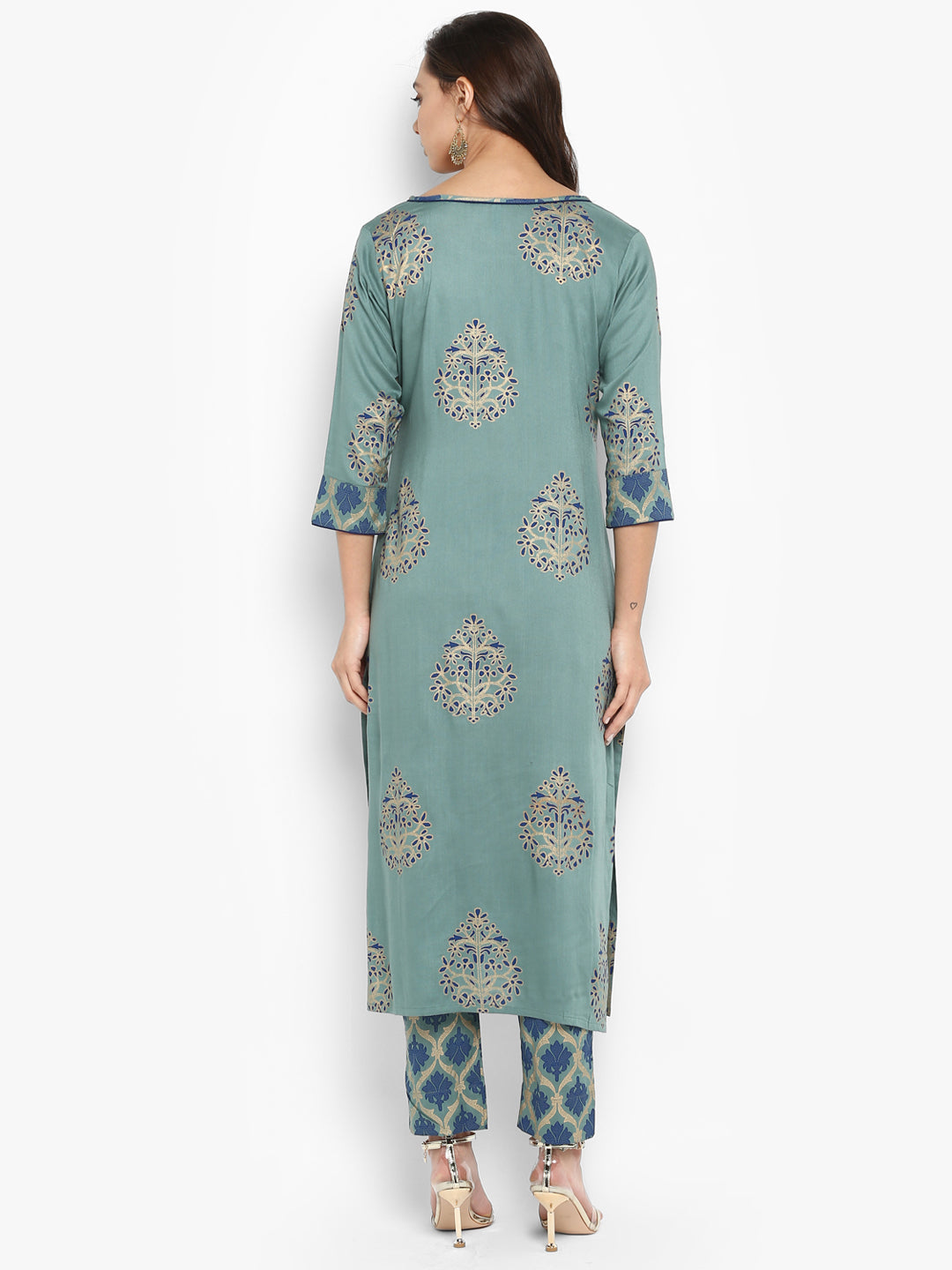 Janasya Turquoise Green Rayon Foil Print Set