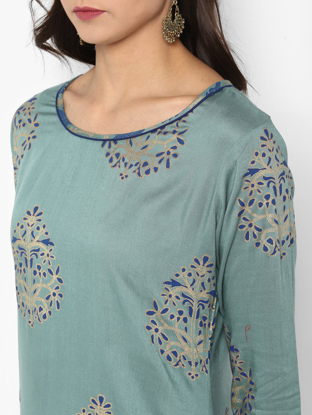Janasya Turquoise Green Rayon Foil Print Set