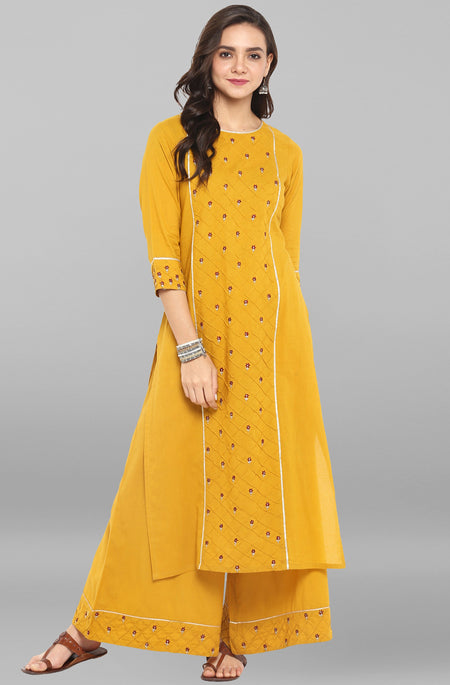 Janasya Women's Mustard Cotton Embroidered Kurta With Palazzo