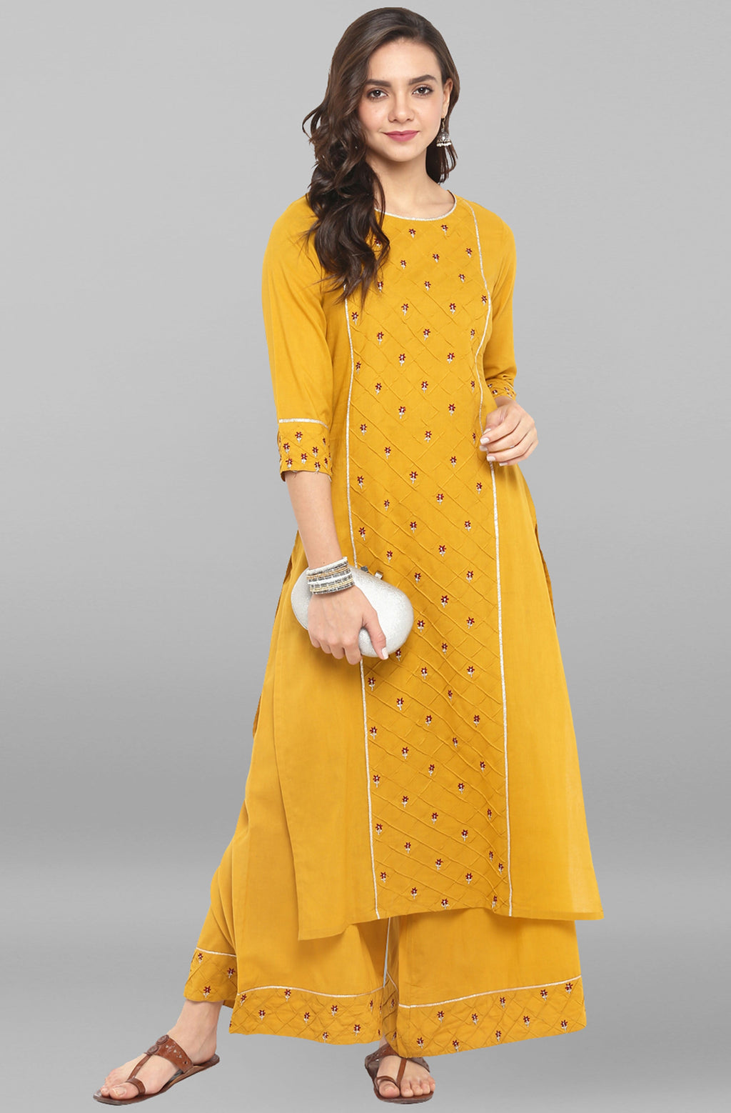 Janasya Women's Mustard Cotton Embroidered Kurta With Palazzo - Distacart