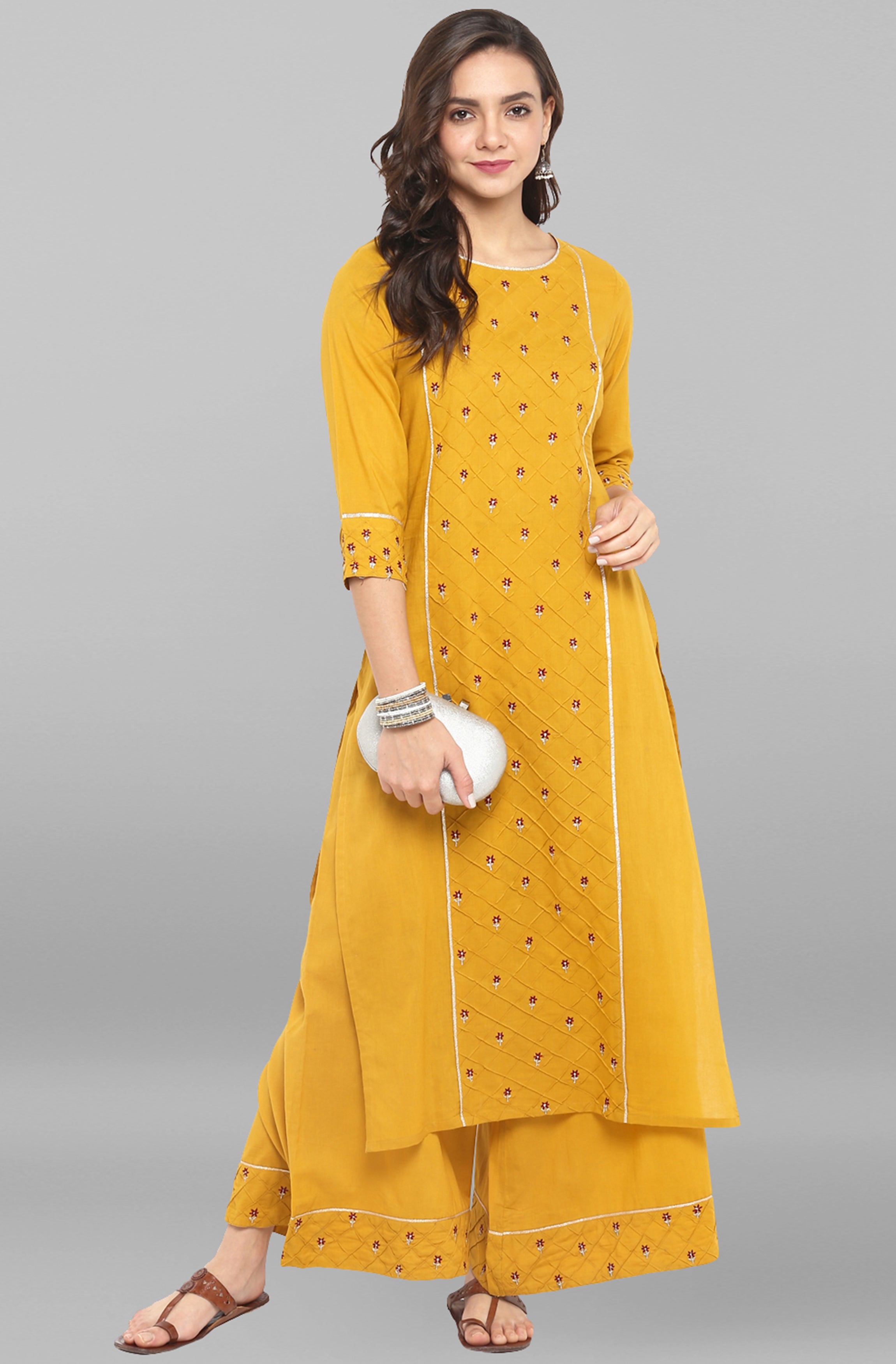 Janasya Women's Mustard Cotton Embroidered Kurta With Palazzo - Distacart