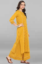 Janasya Women's Mustard Cotton Embroidered Kurta With Palazzo - Distacart