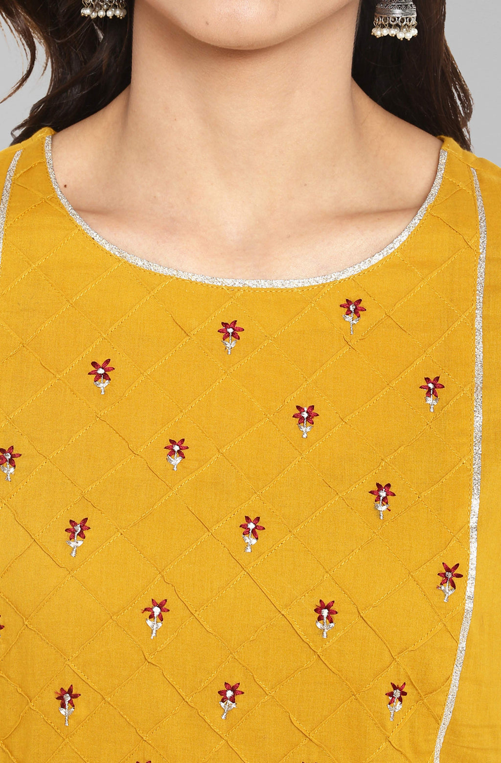 Janasya Women's Mustard Cotton Embroidered Kurta With Palazzo - Distacart